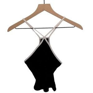 Shein Criss Cross Crop Tank Top Black White Shiny Stretchy Ribbed Neutral Medium